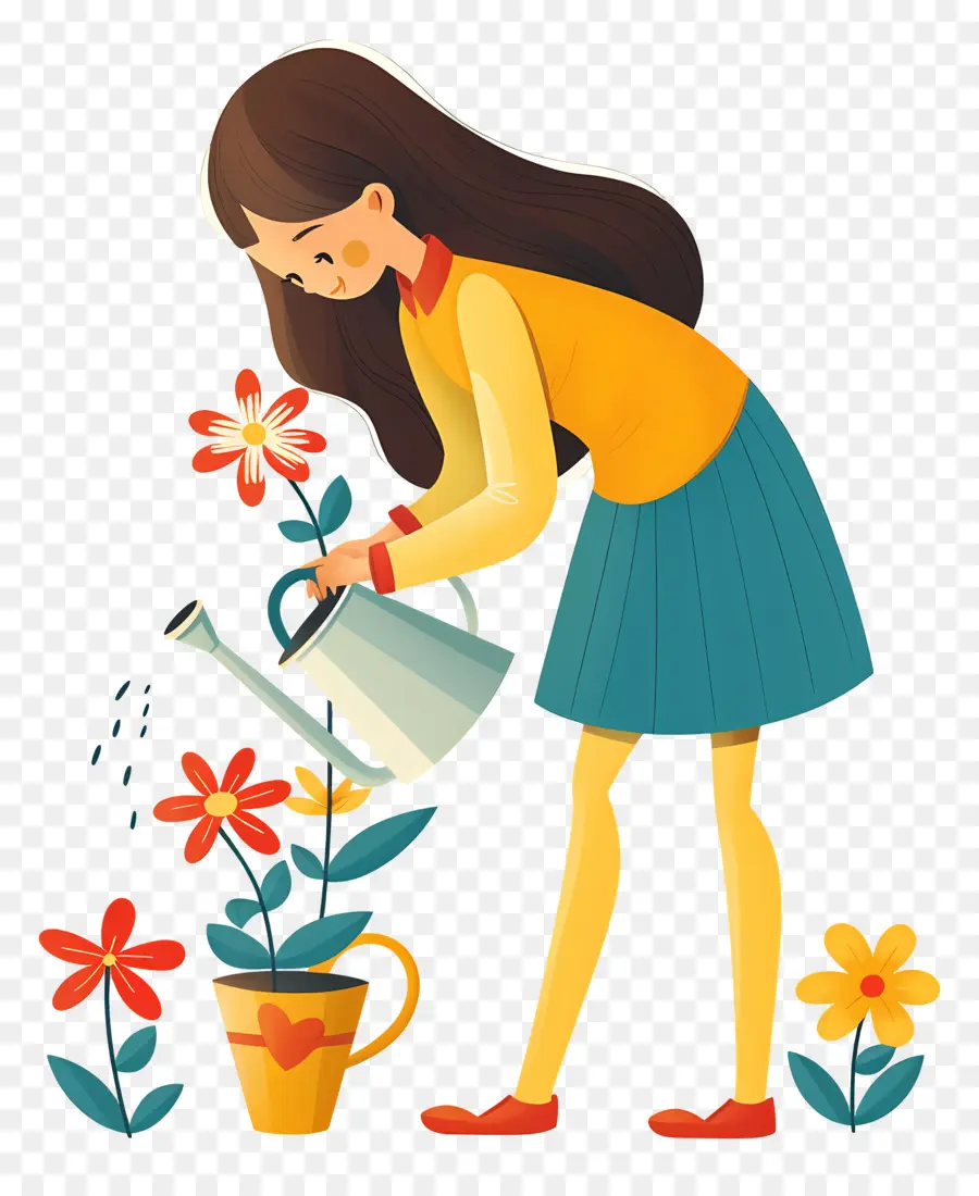Blütenblätter - Frau, die Blumen in einem Garten pflegen