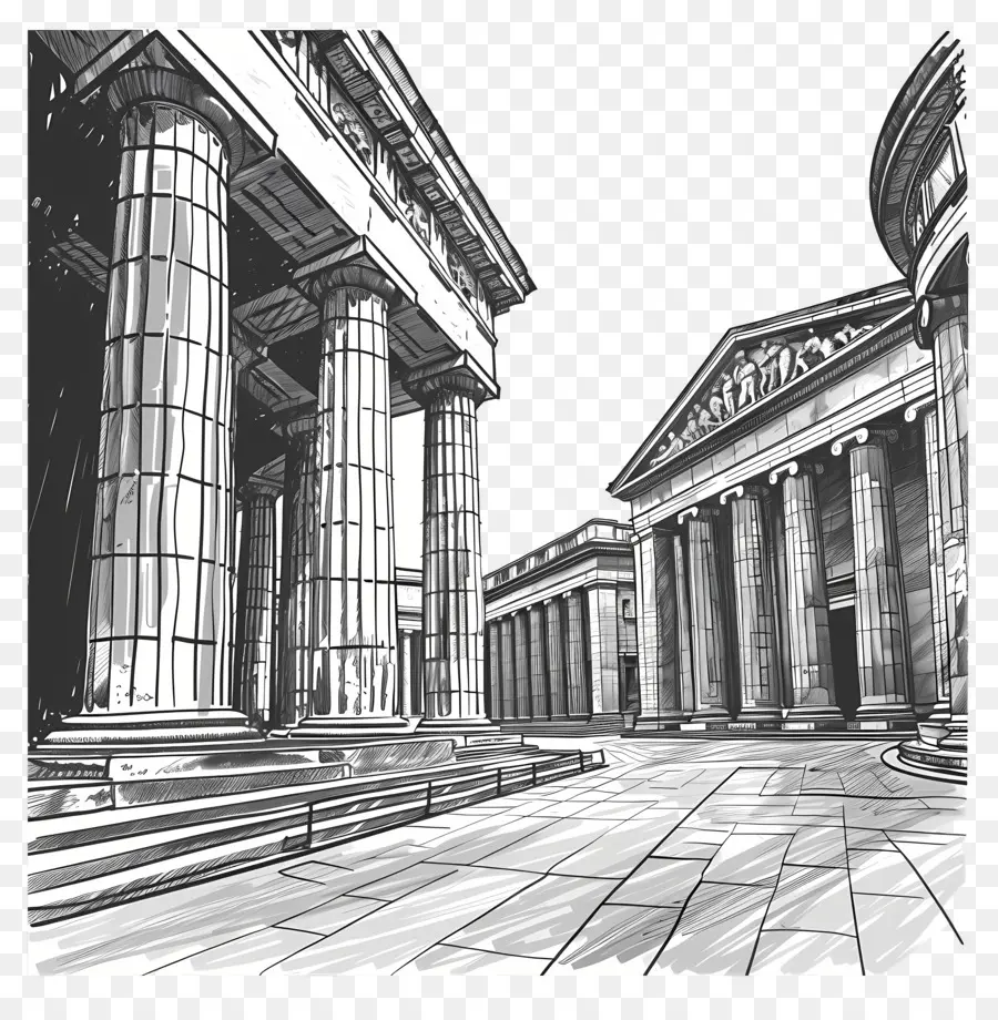 Die British Museum Architecture Columns Grand Fersatzes - Verzierter Gebäude mit schwacher Beleuchtung, kontemplative Stimmung