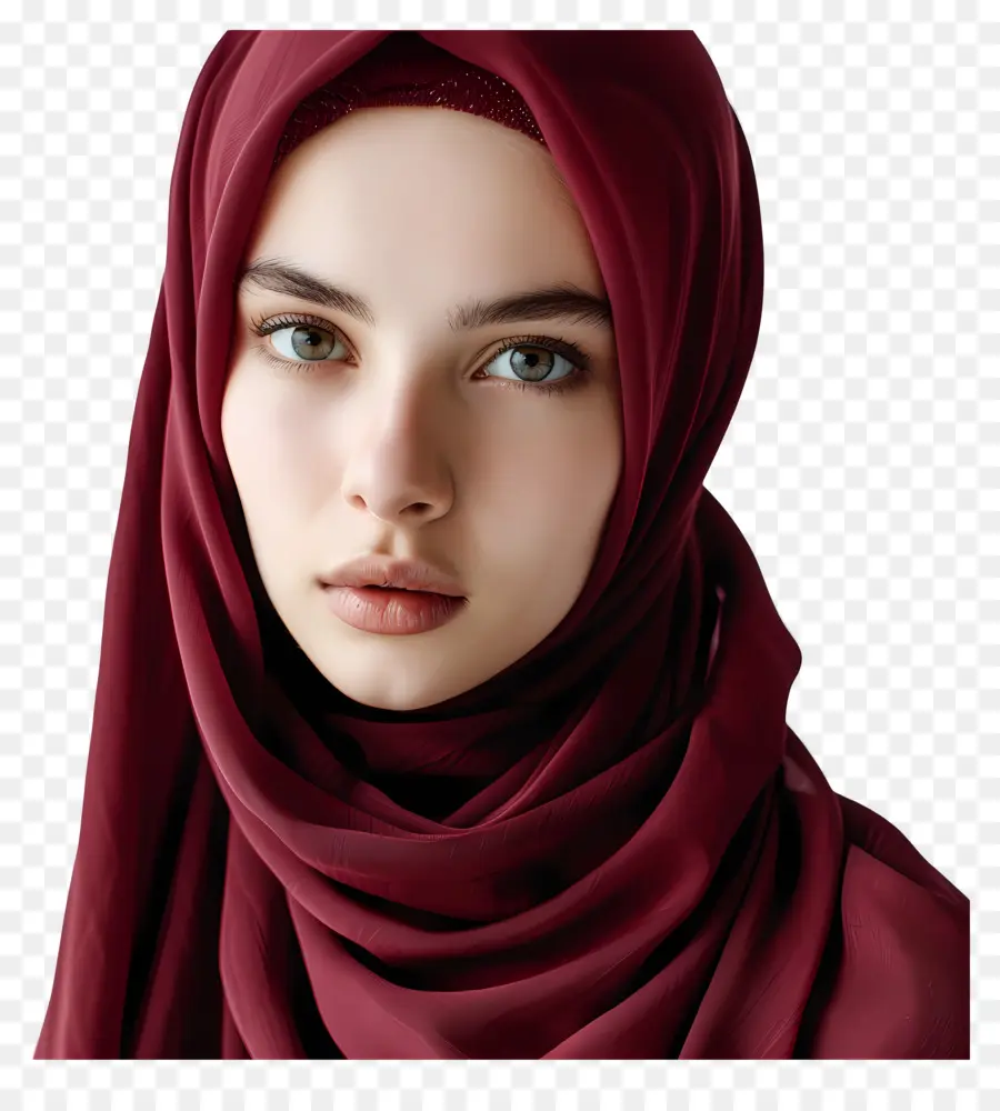 Trùm - Người phụ nữ trẻ trong khăn trùm đầu màu đỏ, biểu hiện trung tính