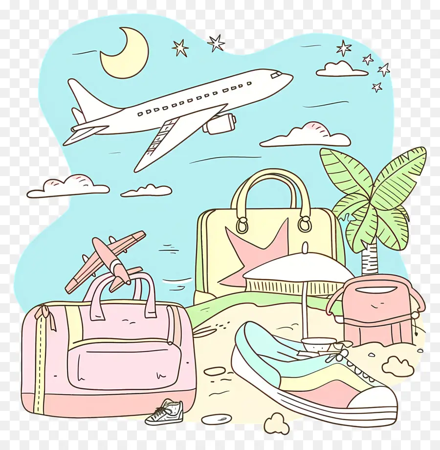 travel beach vacation night beach scene travelers with luggage small airplane in sky