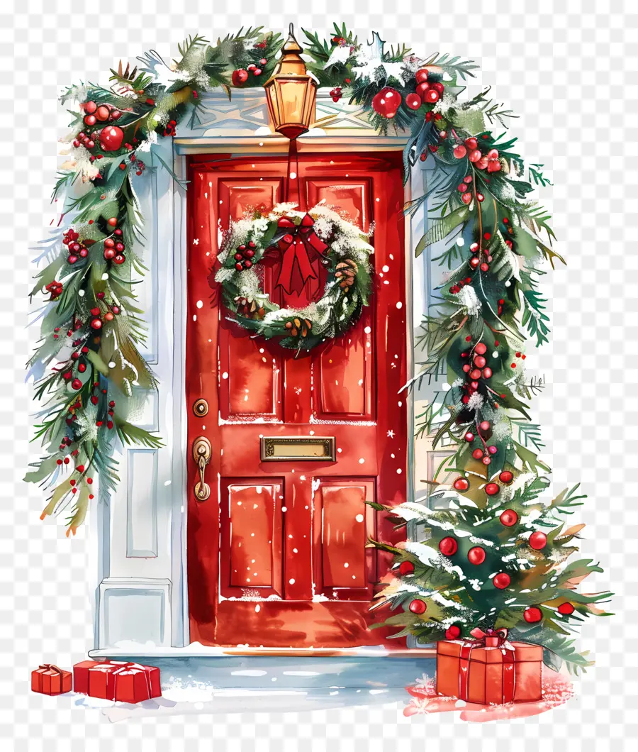 Weihnachten Kranz - Weihnachts Tür mit Kränzen, Aquarellstil
