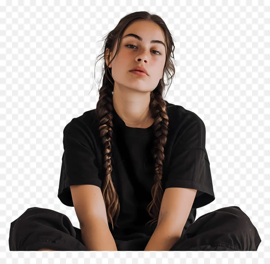 sitzende Frau junge Frau schwarze Kleidung sitzende Beine gekreuzt - Ernsthafte junge Frau in schwarzer Kleidung sitzt
