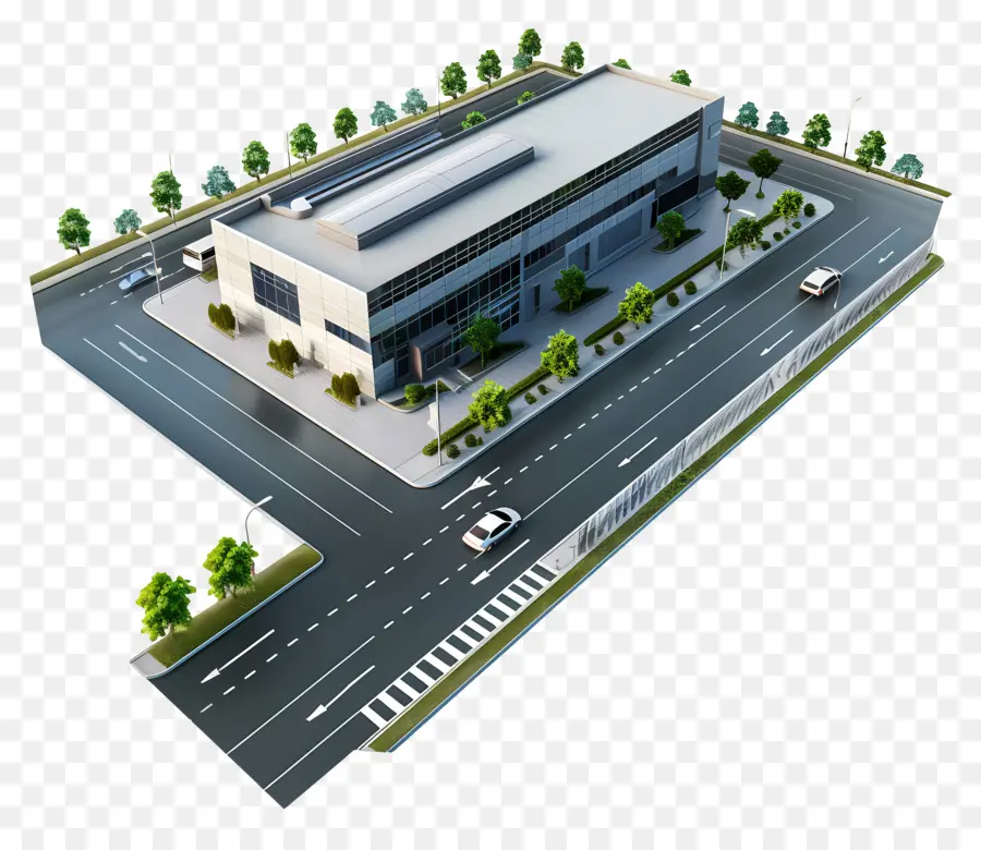 road side view urban office building white concrete facade glass windows parking spaces