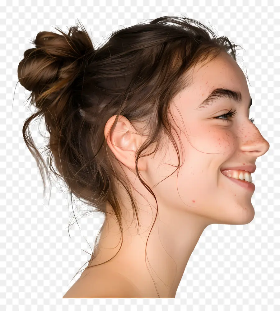 Frau Gesicht - Natürliches, zerzaustes Haar, ätherischer Ausdruck, entspannendes Lächeln