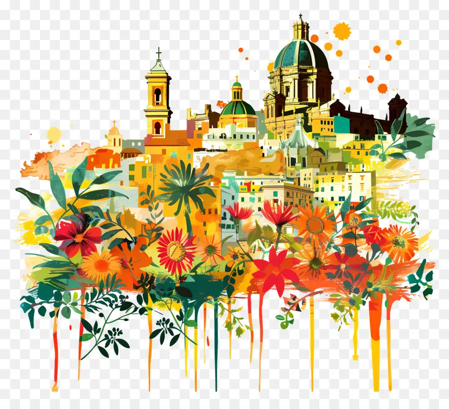 Sicilia WaterColor Painting Cityscape Skyscrapers Edifici colorati - Paesaggio urbano colorato con vernice arcobaleno schizzi