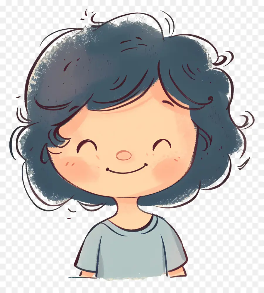 doodle child child blue hair smiling face brown eyes