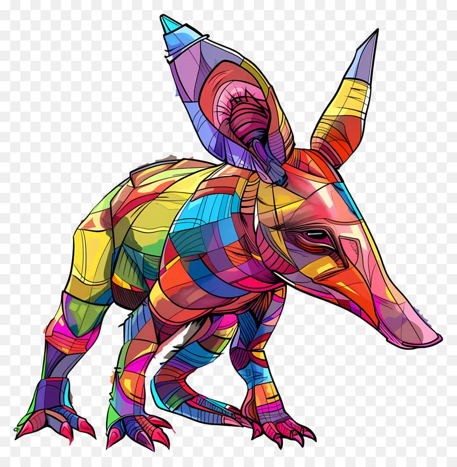 Aardvark Prehistoric Animal Geometrisches Muster farbenfrohe Design lebendige Farben - Buntes geometrisches prähistorisches Tier im Muster
