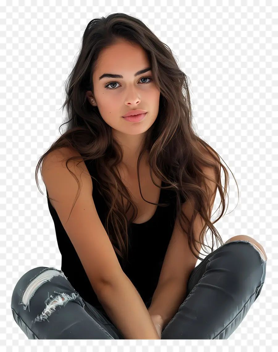 sitting woman woman long hair black clothing serious expression