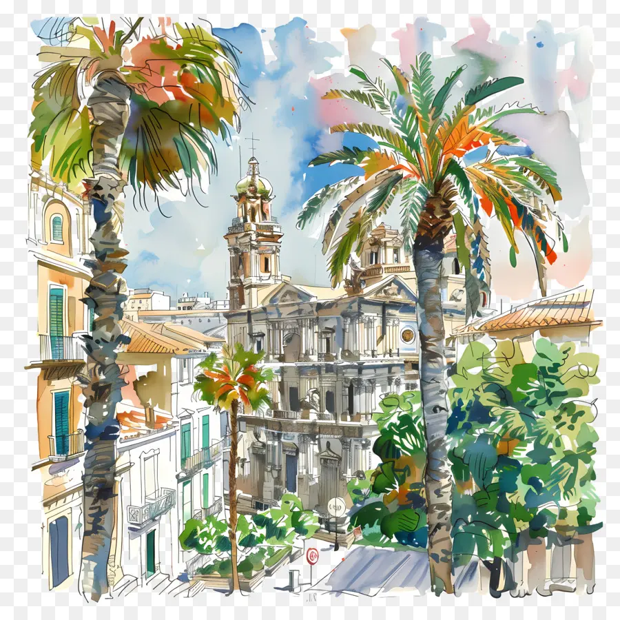 palme - Paesaggio urbano colorato con palme, torre dell'orologio