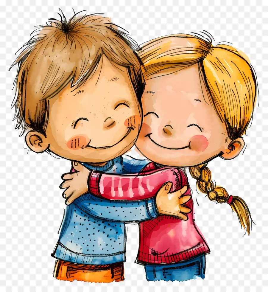 Brother Day Cartoon Umarmung Kinder süß - Junge und Mädchen umarmen sich glücklich im Feld