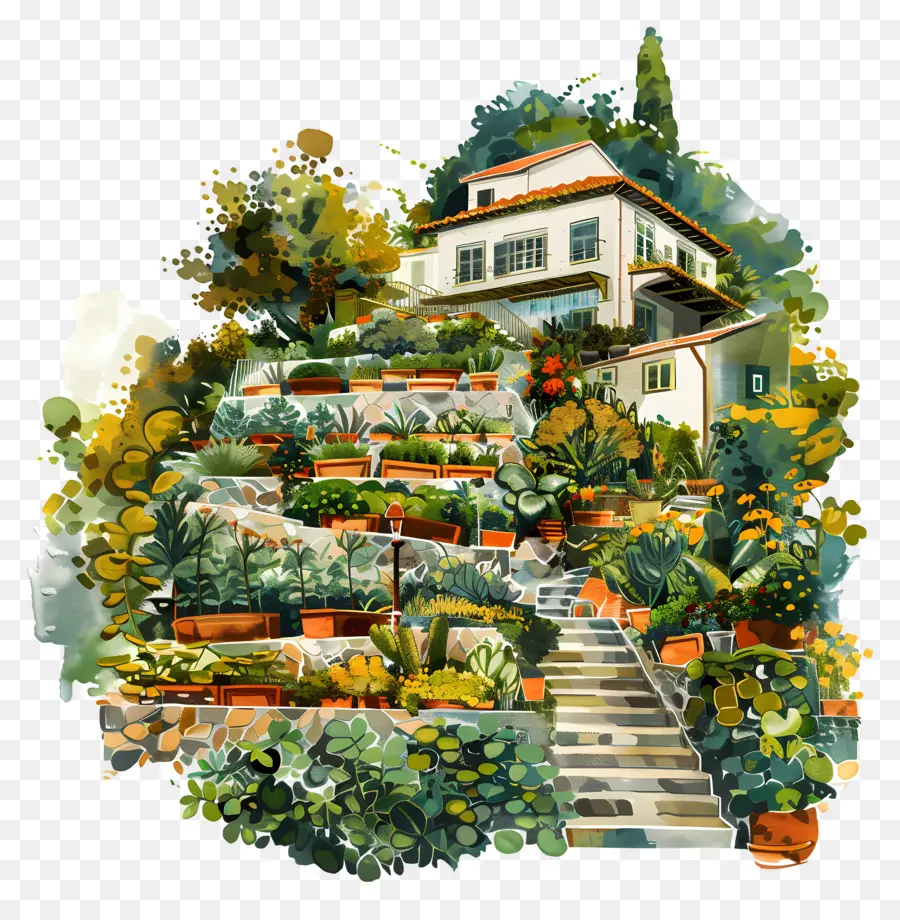 Terrasse Landwirtschaft Hügel Hauspflanzen auf Hügeln Veranda Stufen - Haus auf dem Hügel mit Pflanzen, die herumwachsen