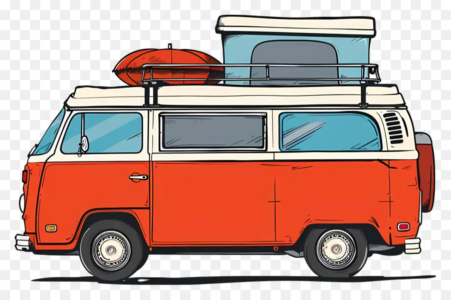 Road Trip Day Volkswagen Bus Surfbretter Rot -Weiß -Innenraumgepäck - Orange Volkswagen Bus mit Surfbrettern und Baum