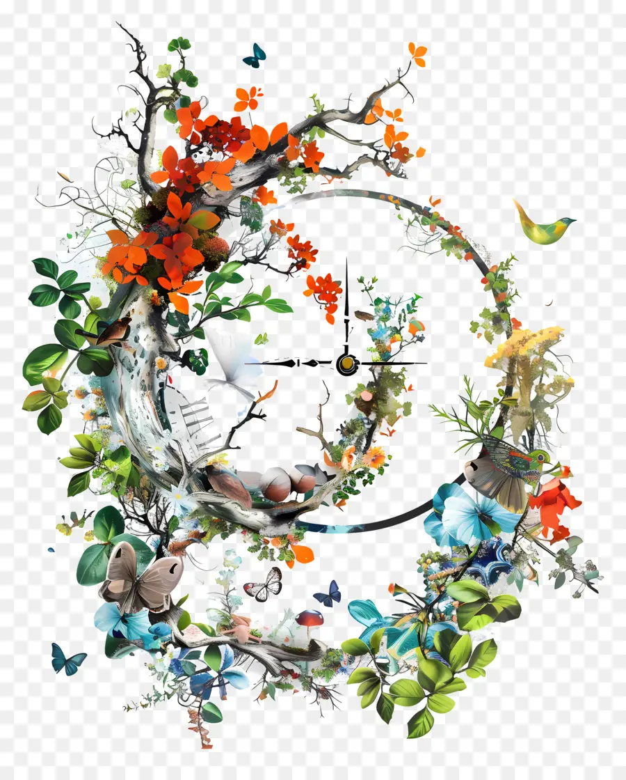 đồng hồ thiên nhiên vòng tròn màu xanh lá cây - Vòng tròn đầy màu sắc với hệ thực vật