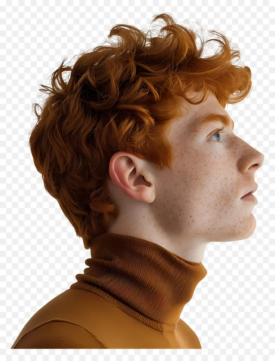 man face side view red hair curly blue eyes contemplative