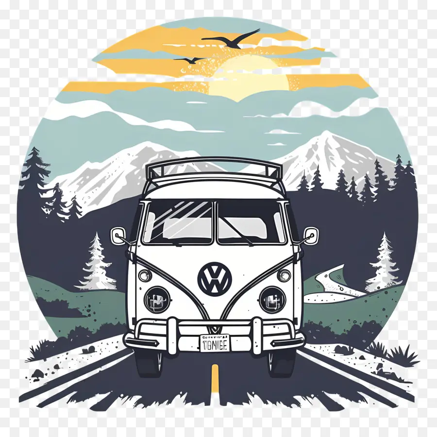 road trip day vintage volkswagen bus rural road mountains black and white photograph