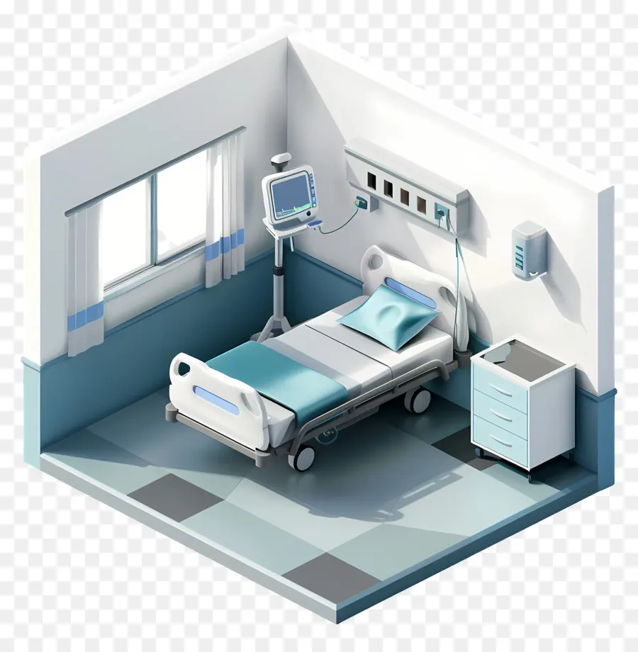 Semplice stanza d'ospedale in ospedale Letto per paziente Attrezzatura medica Ambiente sterile - Rendering 3D della stanza d'ospedale con attrezzatura