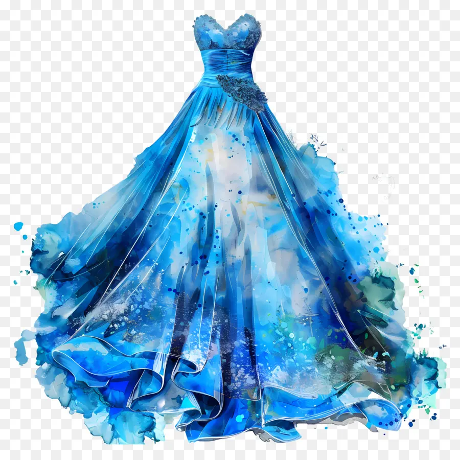 Blaues Hochzeitskleid blaues Kleid Blumenmuster elegante Zug Aquarell -Effekte Effekte - Blaues Blumenkleid mit Aquarelleffekt, Zug