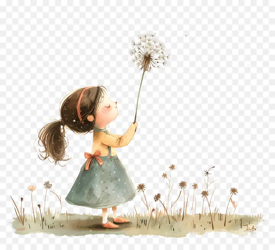 cô gái nhỏ - Cô gái trên cánh đồng với bồ công anh, mỉm cười hạnh phúc