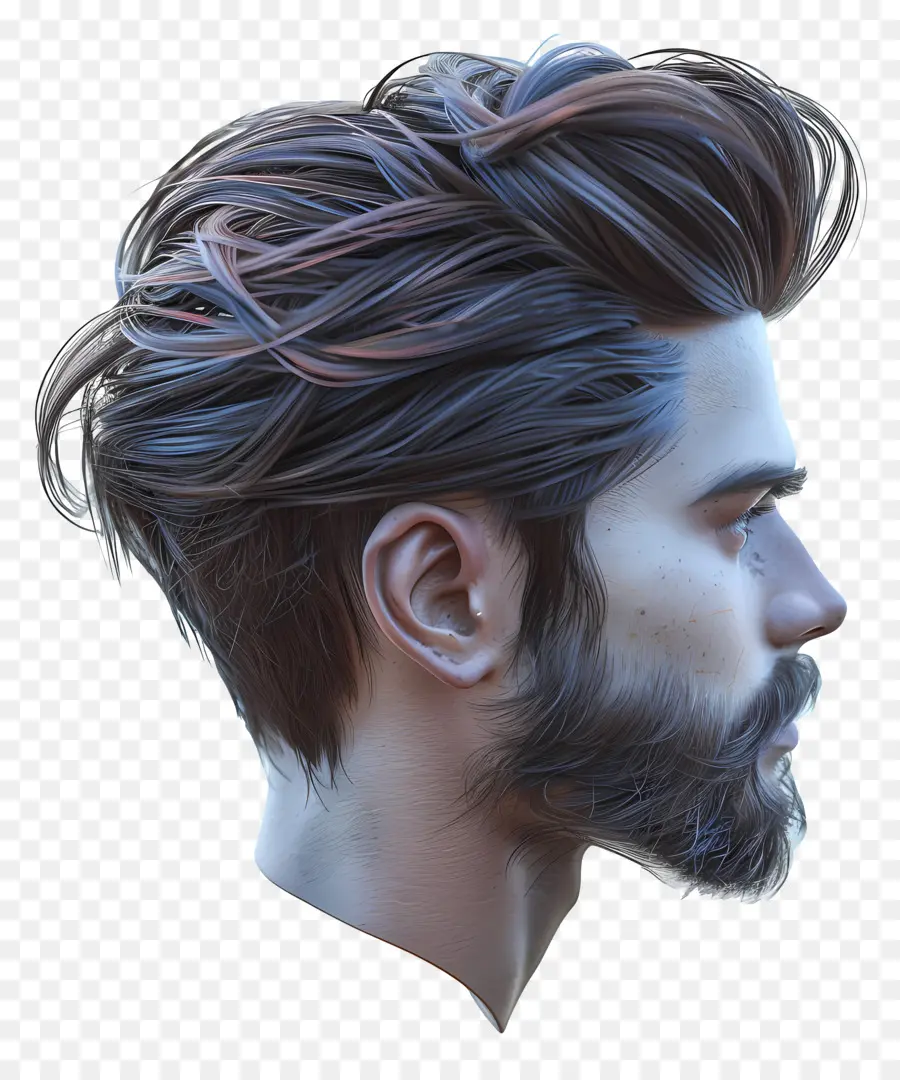 Low Taper Fade Long Hair Porträt 3D Rendering bärtiger Mann langes Haar - 3D gerenderter Porträt des entschlossenen bärtigen Mannes
