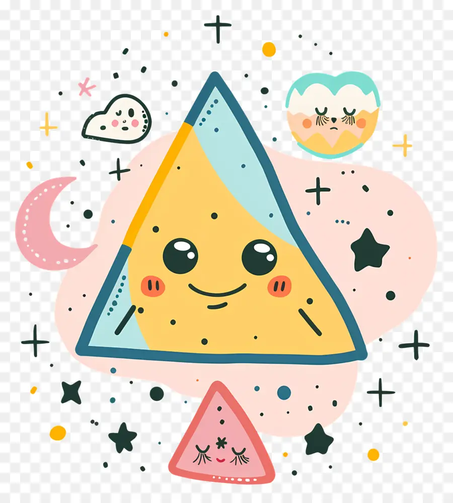 Dreieck lächelndes Gesicht gelber Dreieck Wolken Sterne - Fröhliches, skurriles gelbes Dreieck mit Gesicht