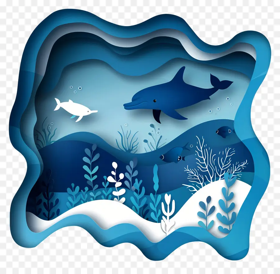 Pesce di barriera corallina sottomarina di delfini. - Scena subacquea blu e bianca con delfino