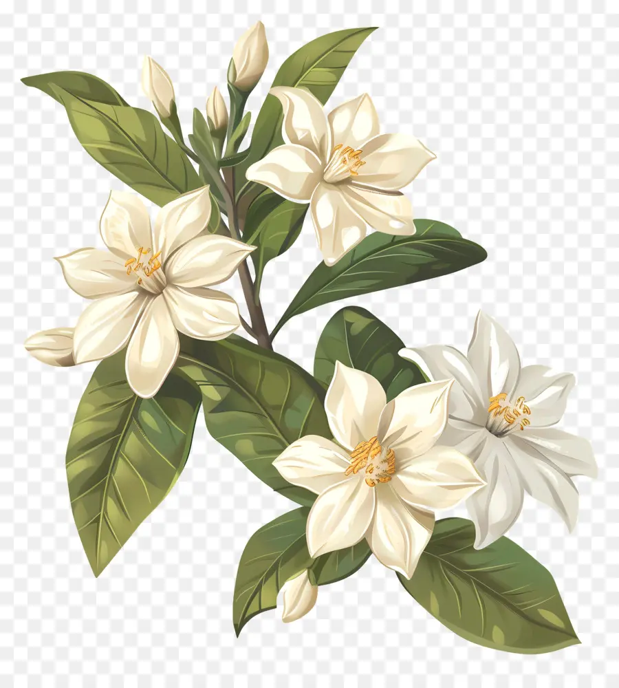Jasmin Blume - Weiße Blume, grüne Blätter auf Schwarz