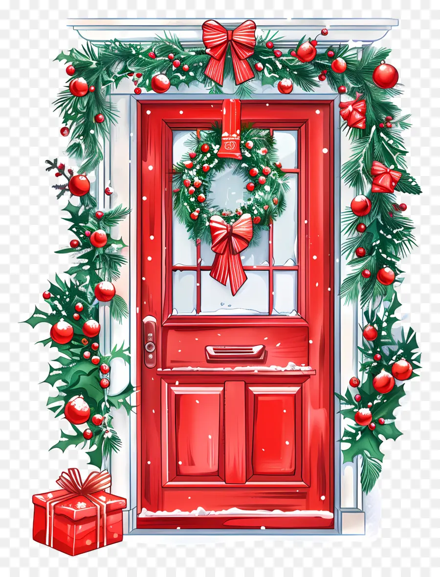 ghirlanda di natale - Porta rossa con ghirlanda, tema di buon Natale