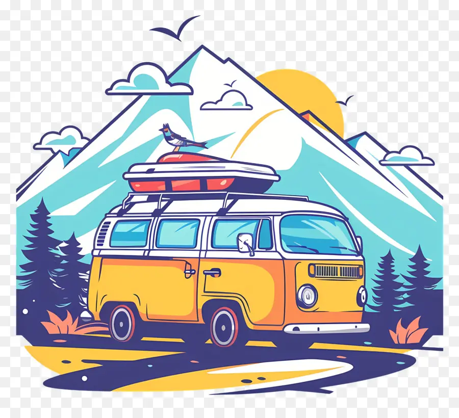 road trip day vintage vw bus mountain road surfboard traveling