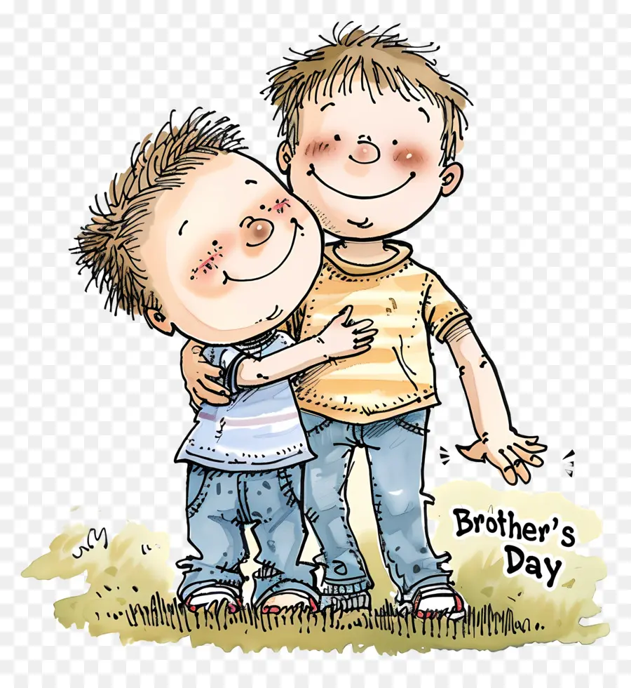 Bruder des Tages am Tag Jungen umarmen lächelnd ernsthaft - Zwei Jungen umarmen sich, einer lächelte. 
Grashintergrund