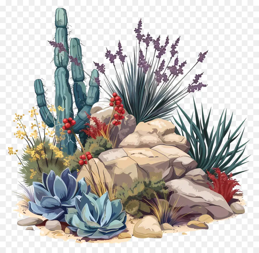 vegetazione deserta giardino roccioso cactus succulenti piante - Painting vibrante e realistico per olio da giardino roccioso