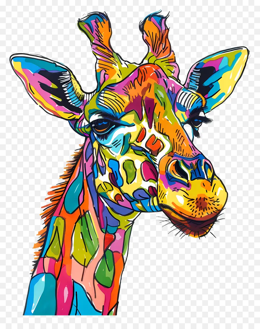 giraffe colorful fur long neck black eyes
