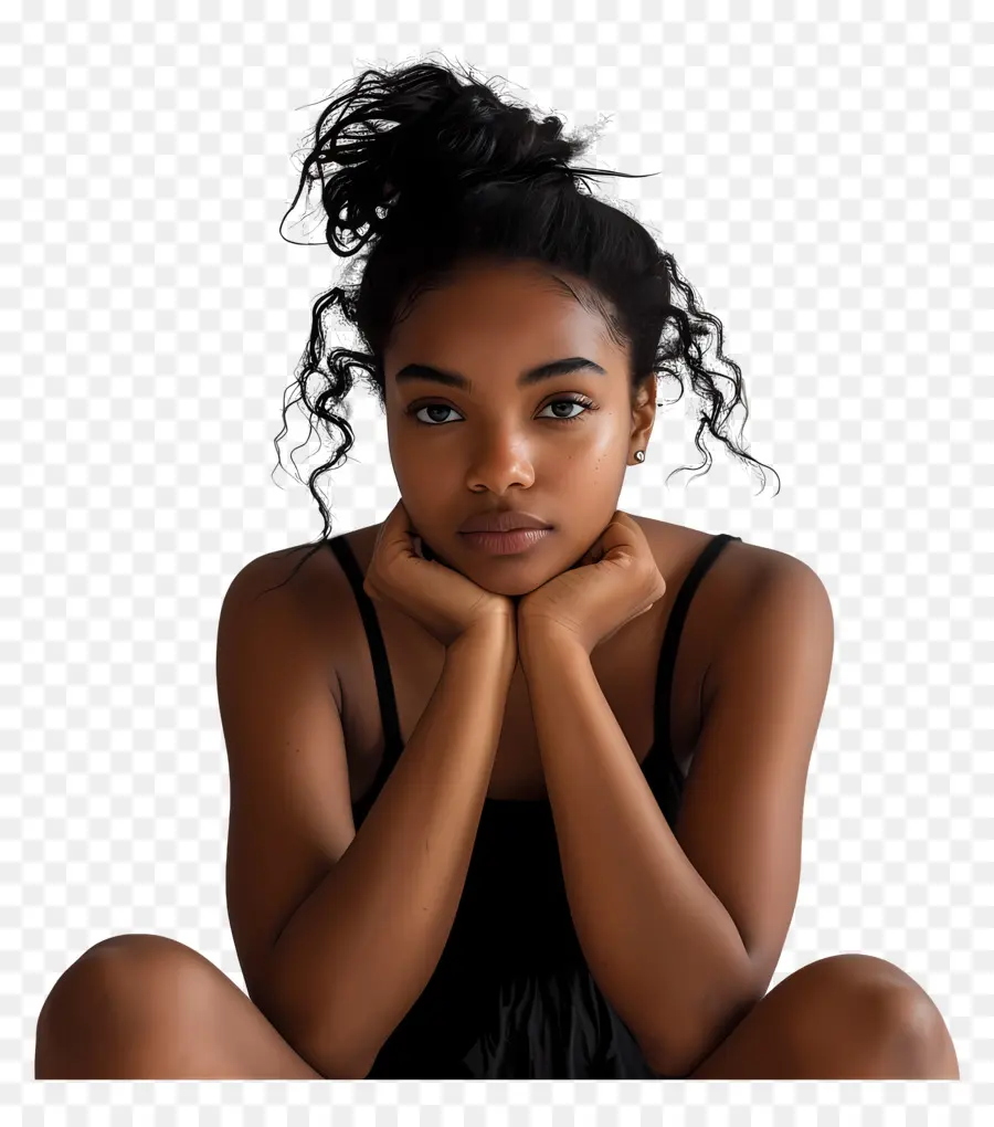Người phụ nữ đang ngồi đen trắng chân dung Afro Kiểu tóc thư giãn bình tĩnh - Người phụ nữ thoải mái trong bức chân dung màu đen, biểu hiện bình yên