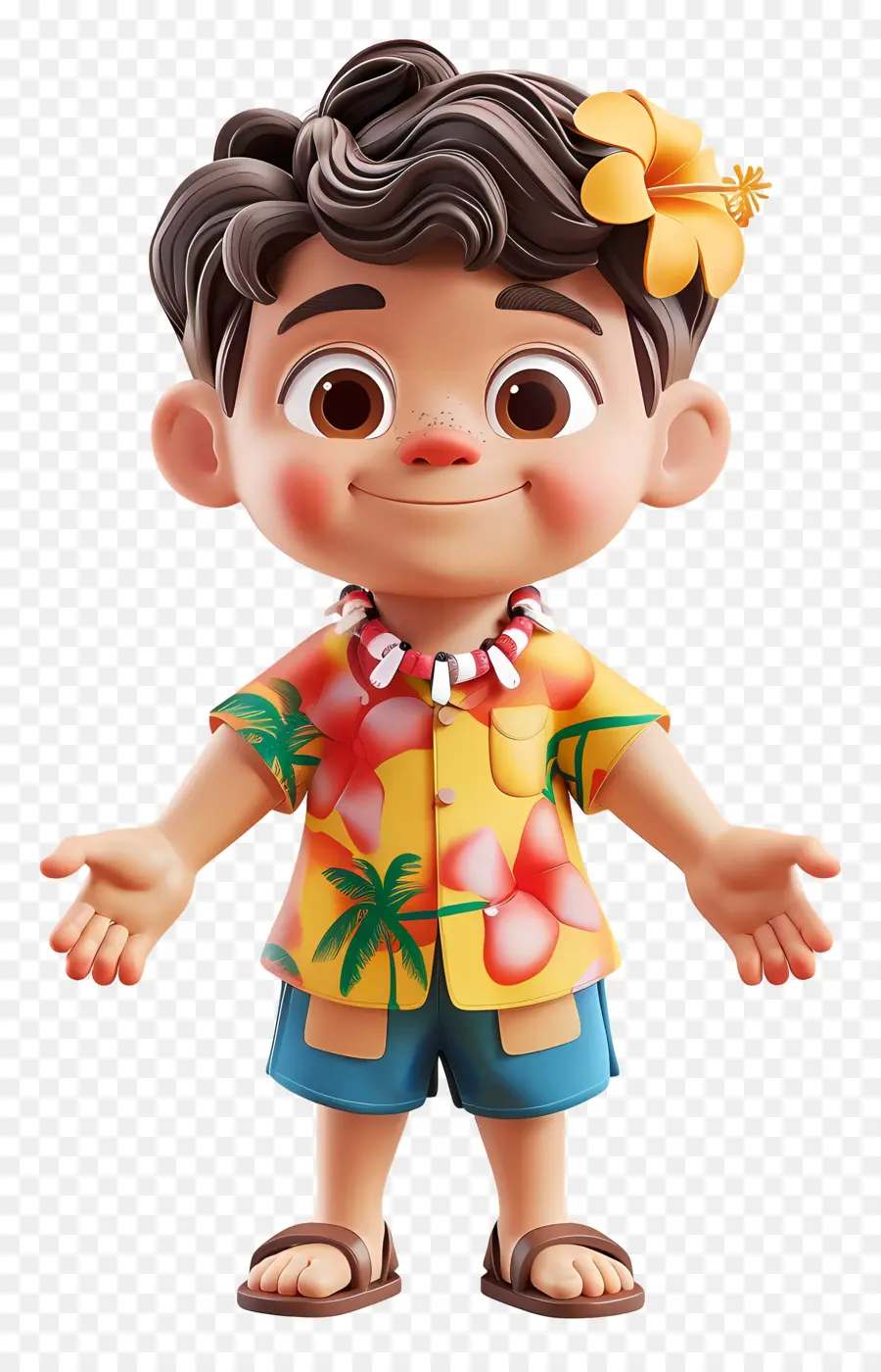 Hawaii cậu bé hoạt hình cậu bé áo sơ mi Hawaii mỉm cười nền đen - Cậu bé mặc áo Hawaii mỉm cười hạnh phúc