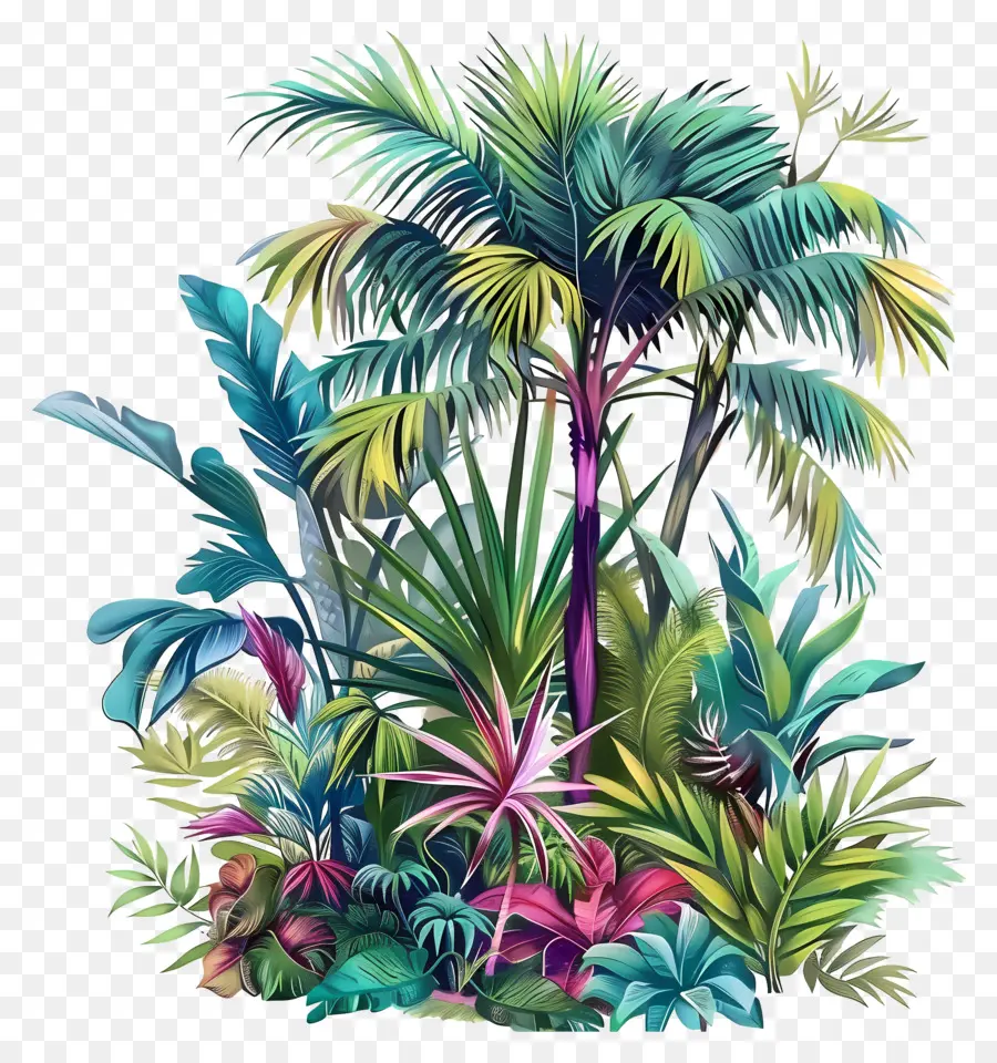 Tropische Vegetation Tropische Waldpflanzen Bäume grüne Blätter - Buntes, üppiger tropischer Wald im Aquarellstil