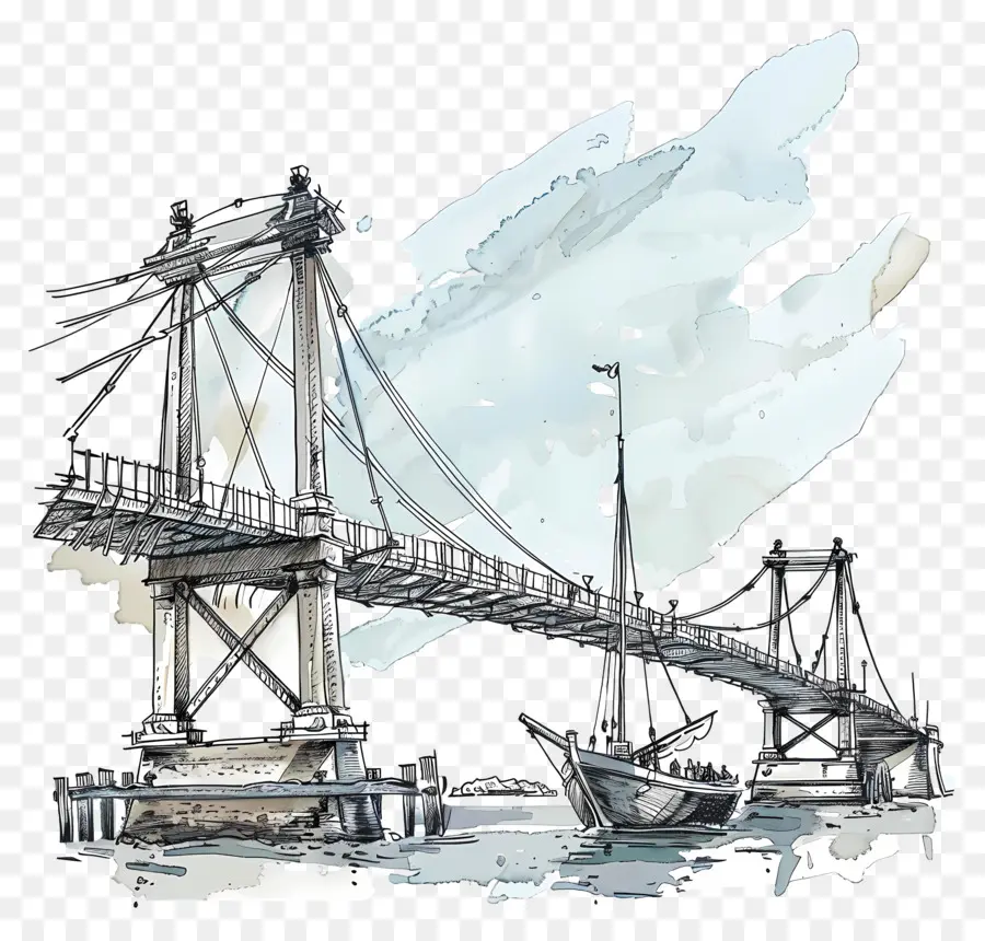 Francis Scott Key Bridge Bridge Boote Fluss Metall - Detaillierte Zeichnung von Brücken und Booten am Fluss