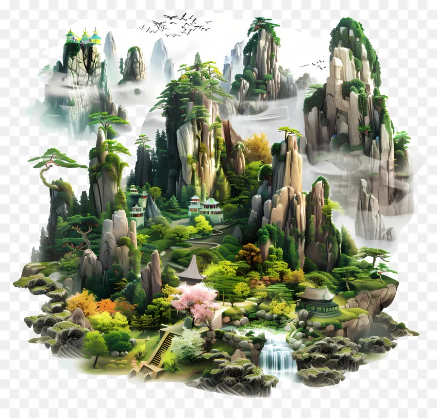 China Nature 3D Rendering Mountain Range Bäume - Bergkette mit Bäumen, Fluss, Himmel, Wolken