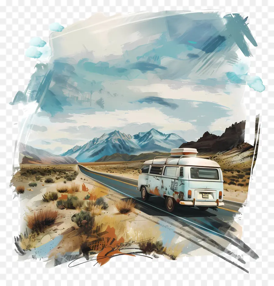 Pinselstriche - Abenteuer: Old Van on Desert Road. 
Lebendige Berge