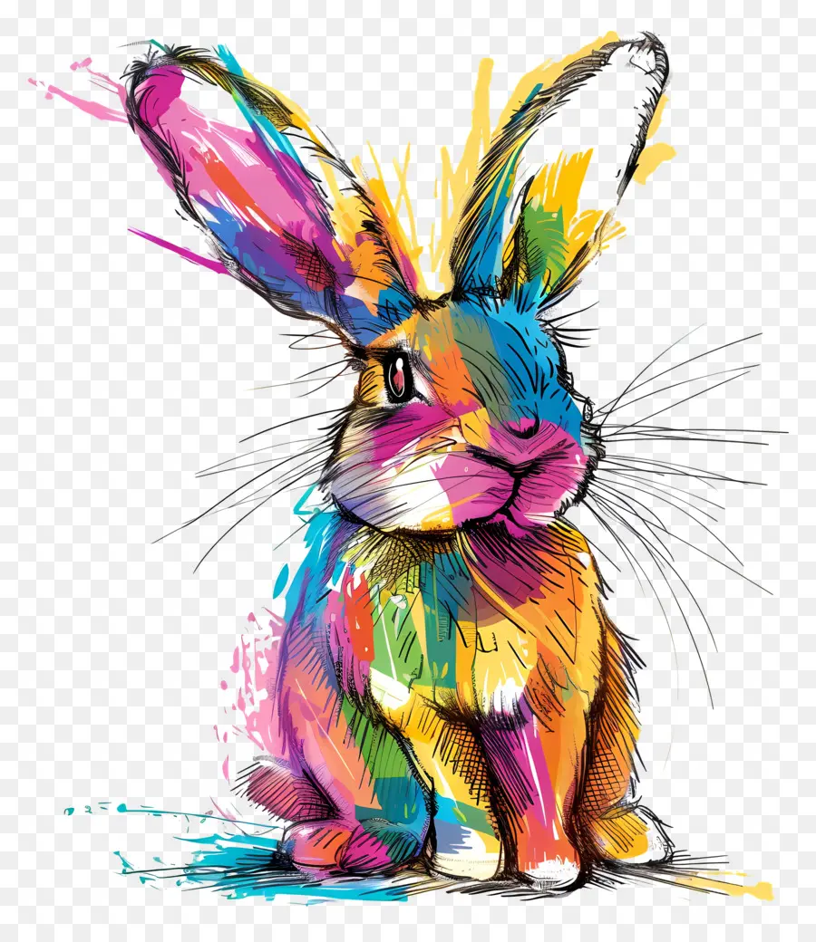 Rabbit colorato di coniglio Rainbow Paint Eyes Bright Eyes Playful Animal - Coniglio dipinto di un arcobaleno colorato su sfondo nero