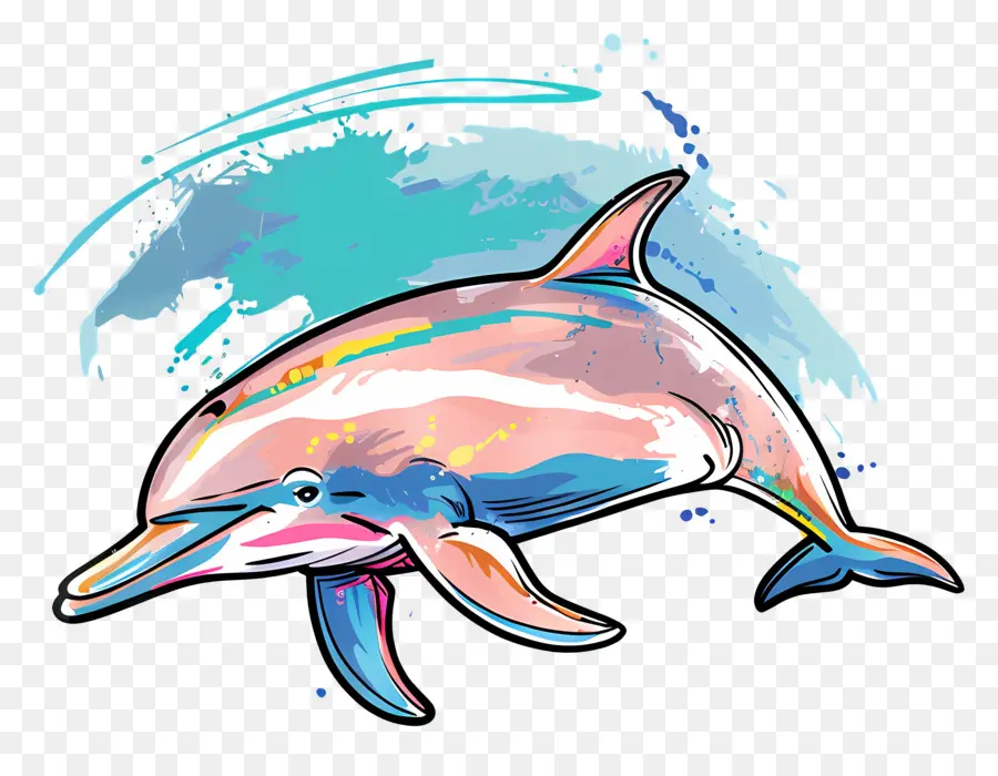 Cartoon Delphin Delphin Delphinidae Verspieltes Schwimmen - Buntes Delphin, intelligentes, verspieltes Säugetier im Wasser
