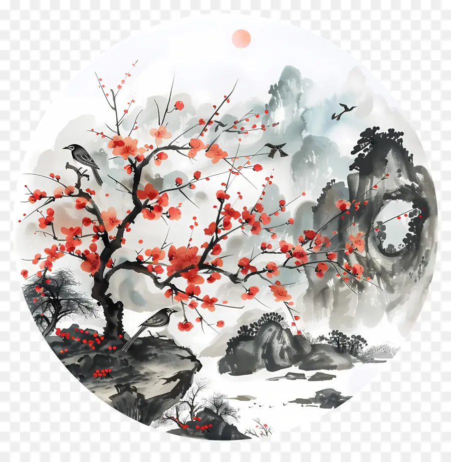 cây anh đào - Bức tranh truyền thống của Trung Quốc về cây hoa anh đào