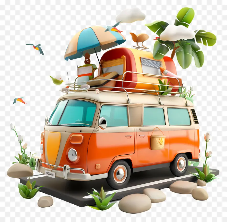 Road Trip Day Volkswagen Van Segelboot Parasol Dachträger - Volkswagen Van mit Segelboot und Parasol