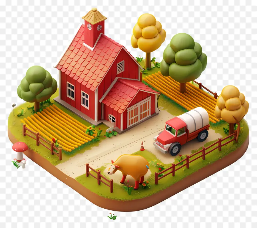Isometrische Bauernhaus Land ländliche Scheune - Bauernhaus mit rotem Dach in der Landschaft