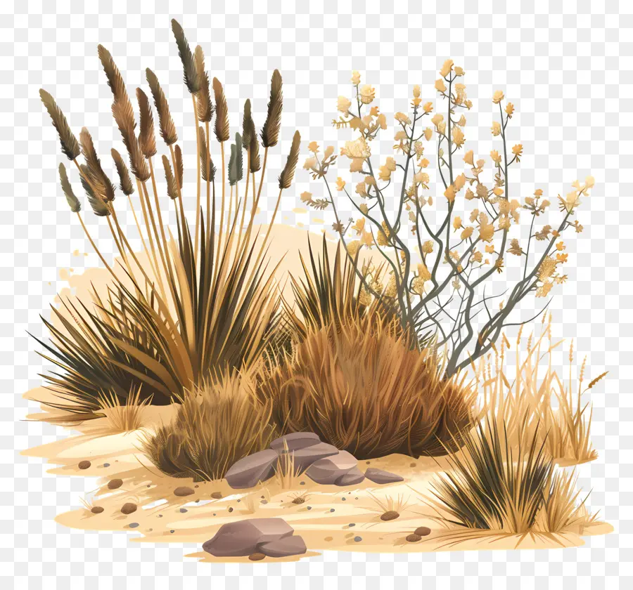 Wüstenvegetation Wüste Landschaftsfeinsformationen Trocken Klima Desert Flora - Wüstenszene mit Felsen, Sträuchern und Kieselsteinen