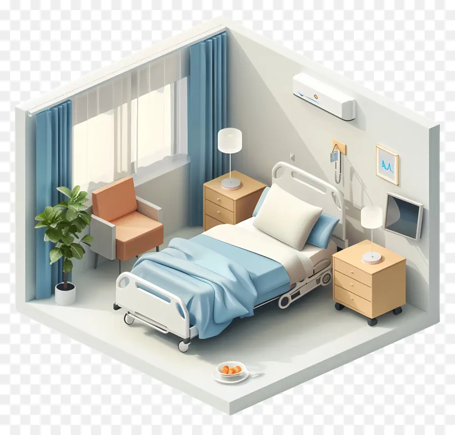 Camera da letto ospedaliera ospedaliera per la scrivania del letto del paziente - Camera ospedaliera vuota con atmosfera pacifica