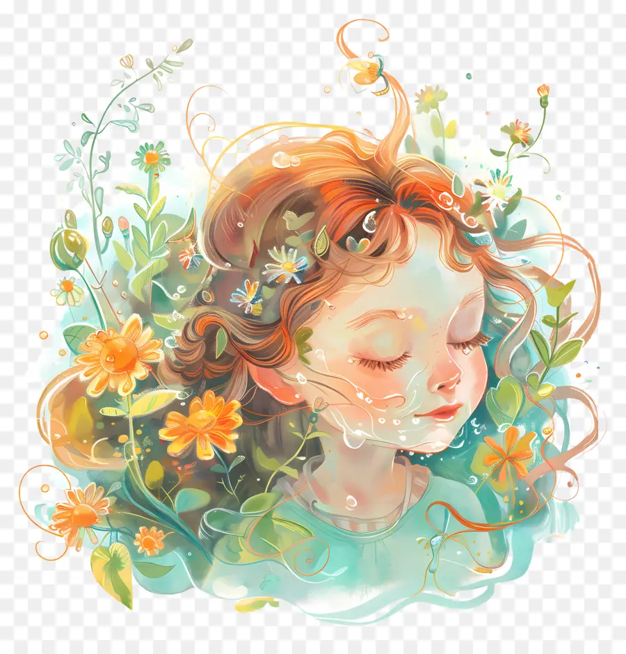 Floro fiore d'acqua ragazza che dorme - Giovane ragazza circondata da foglie galleggianti che dormono pacificamente