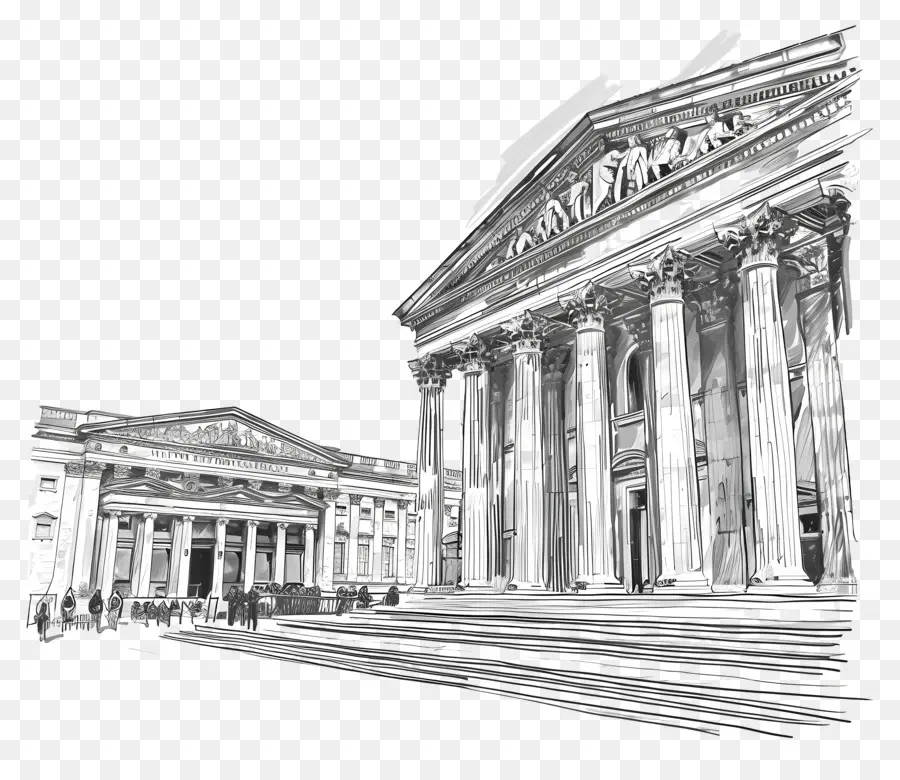 Das British Museum Classical Architecture Sketch Building Building -Zeichnungssäulen - Klassiker Gebäudezeichnung mit Menschen, Eleganz
