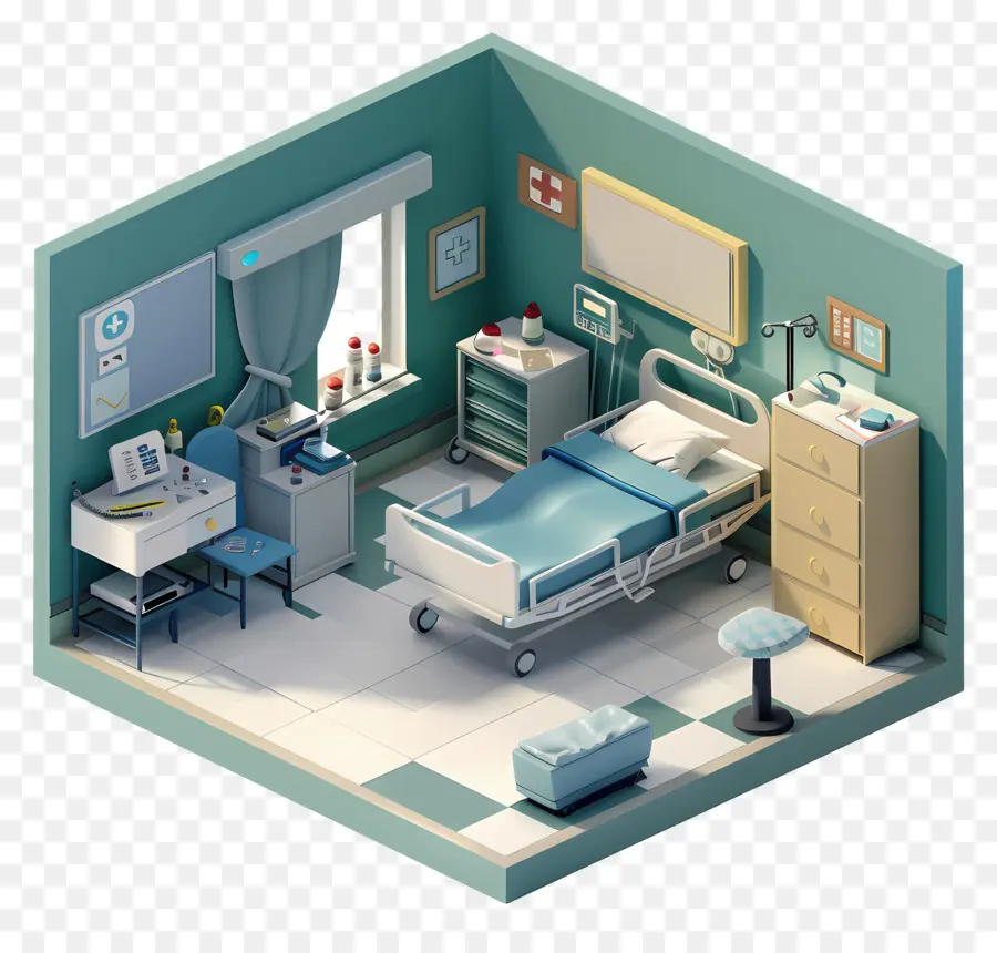 sala ospedaliera in ospedale viepolette isometriche scrivania - Camera d'ospedale con due letti e computer