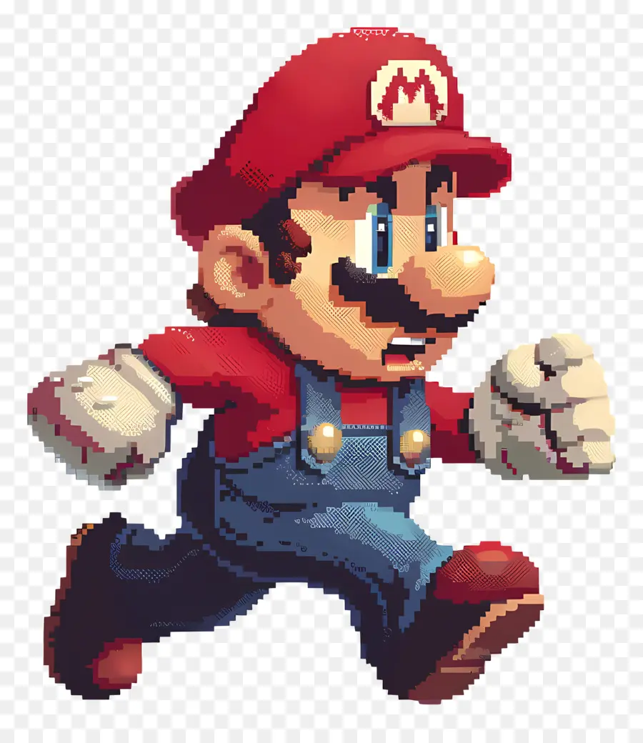 Super Mario - Pixelte Mario rannte, lächelnd, Arme verlängert