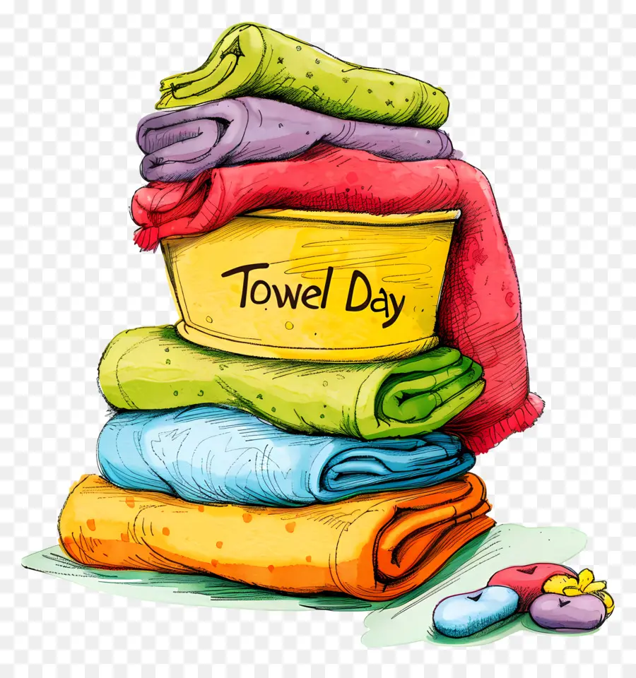 Handtuch Tag Cartoon Illustration Handtücher Stapelfarben - Buntes Stapel Handtücher mit rosa Schüssel