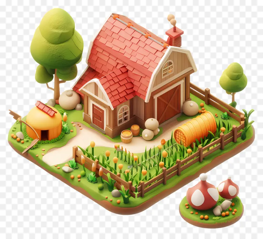 trang trại isometric nông thôn nhà vệ sinh mái nhà hàng rào gỗ - Nhà tranh nông thôn với ao, cây và nấm